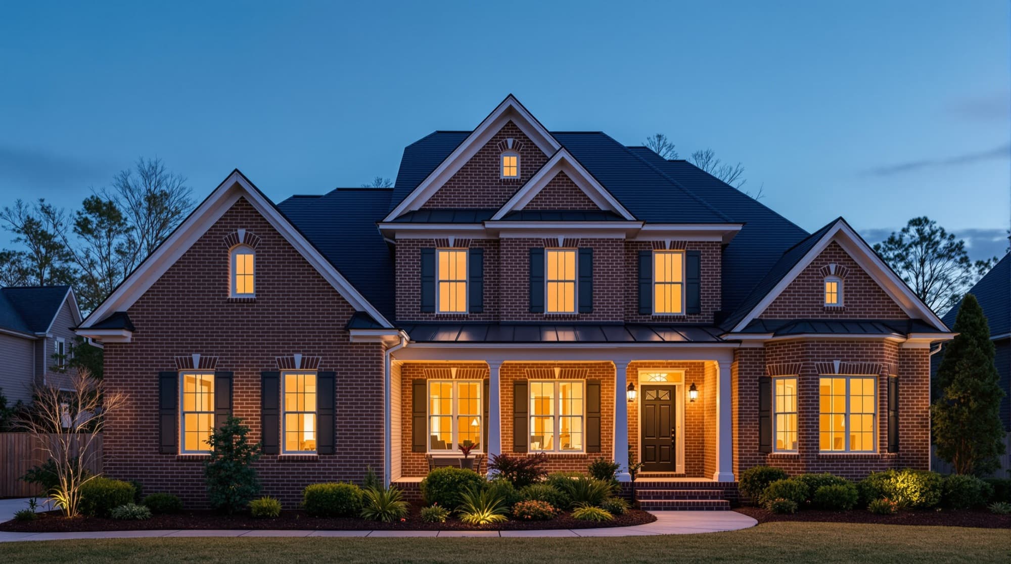 A fully restored two story brick home at dusk with a new architectural shingle roof