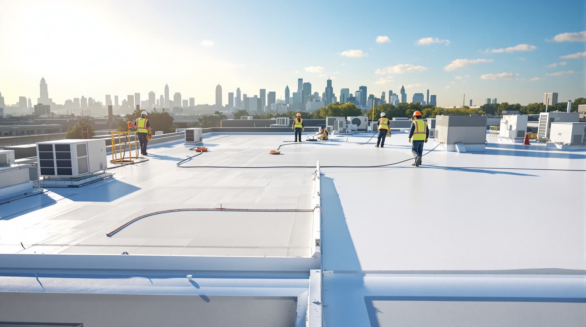 Commercial low slope TPO roof restoration in progress on a mid rise office building