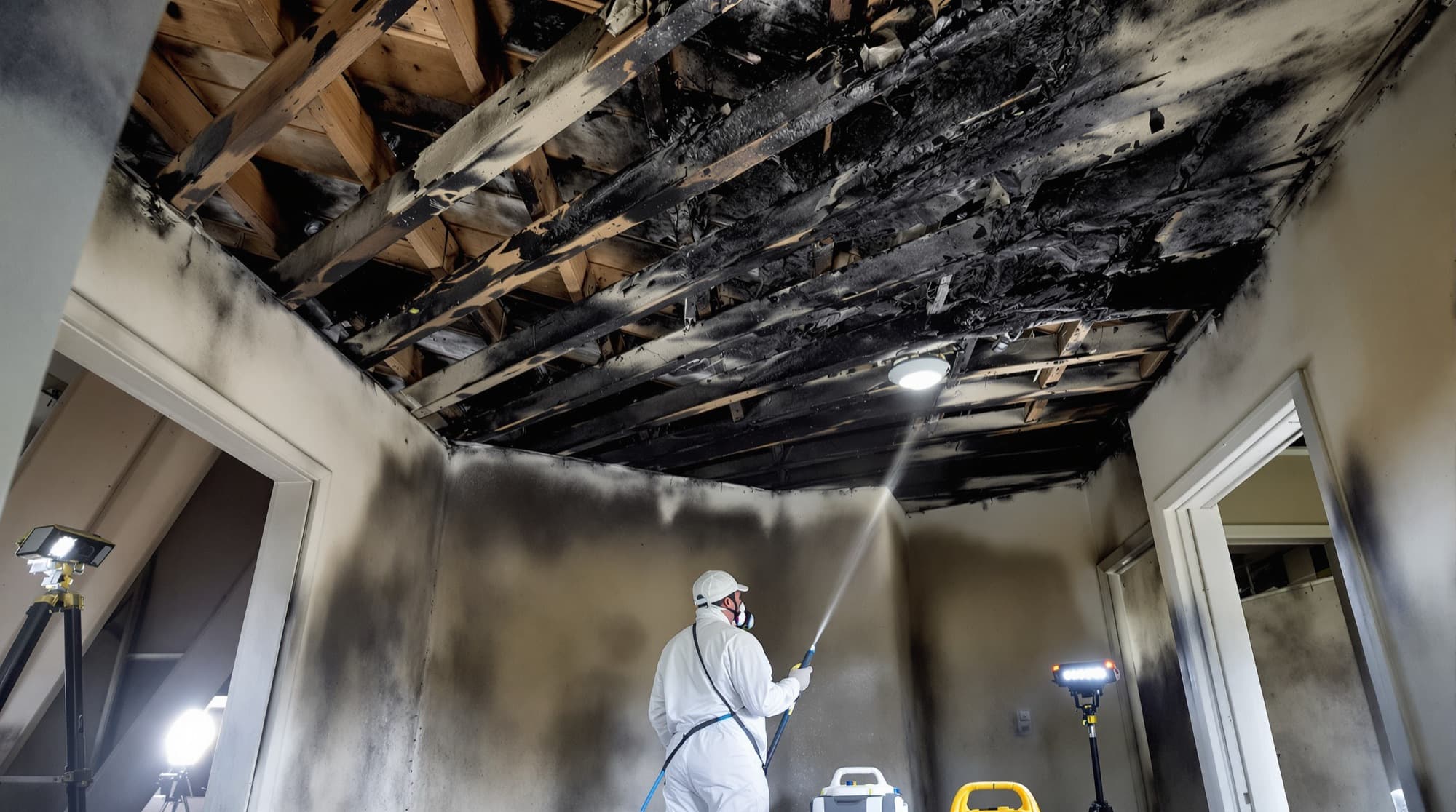 Technician in protective coveralls cleaning soot from walls during fire and smoke remediation