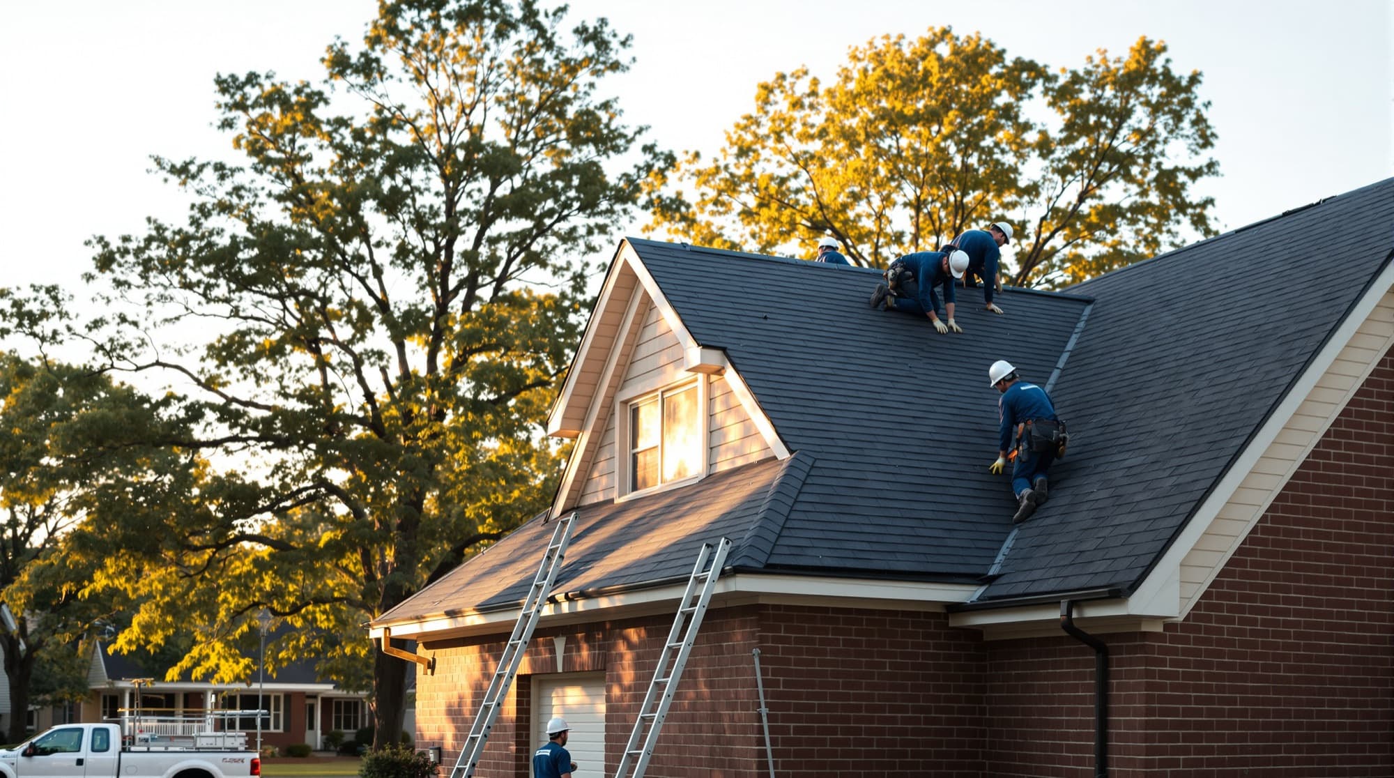 Elite Restoration Group crew replacing the roof of a two story brick home at golden hour