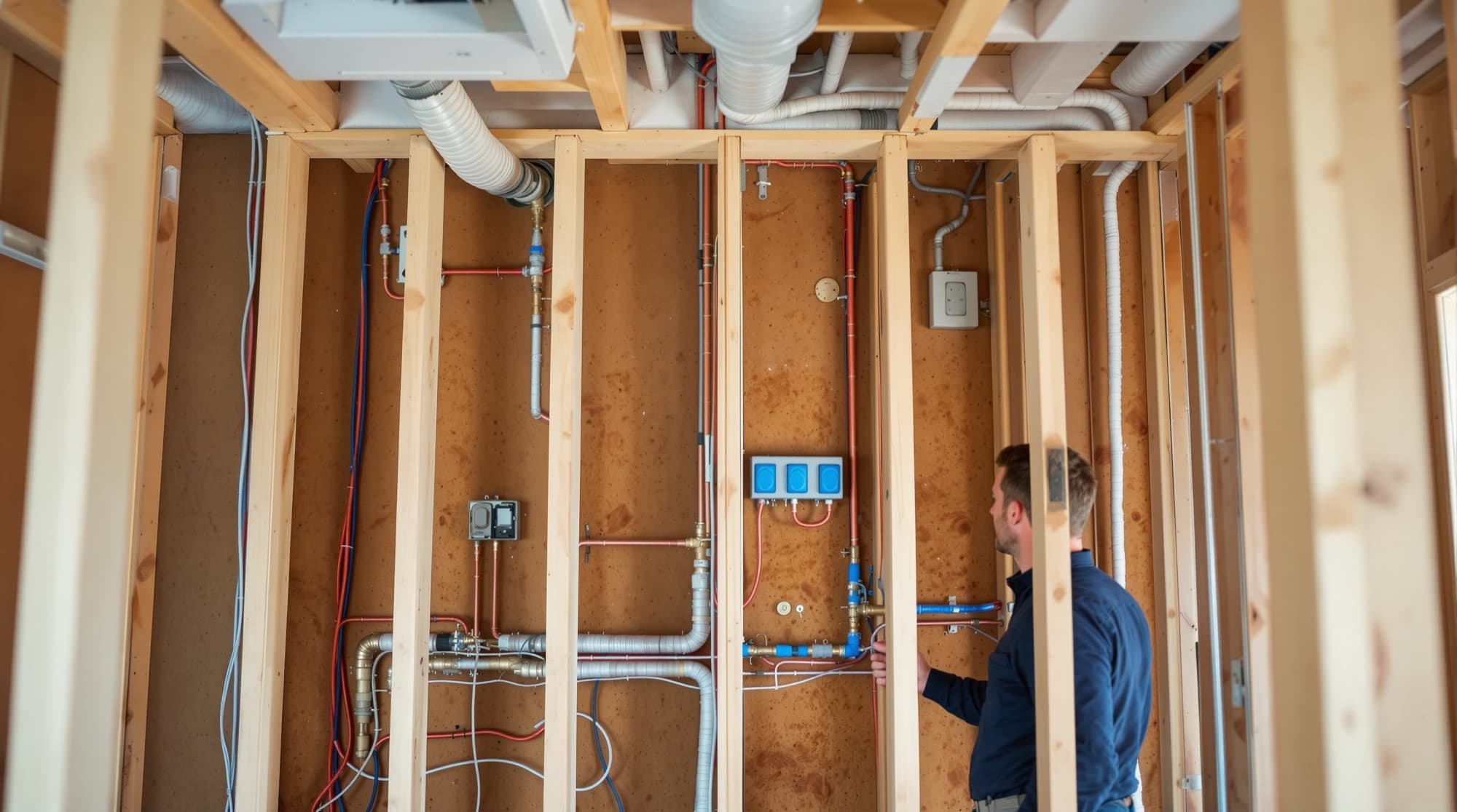 Neat mechanical, electrical and plumbing rough-in inside an open stud wall during a residential renovation