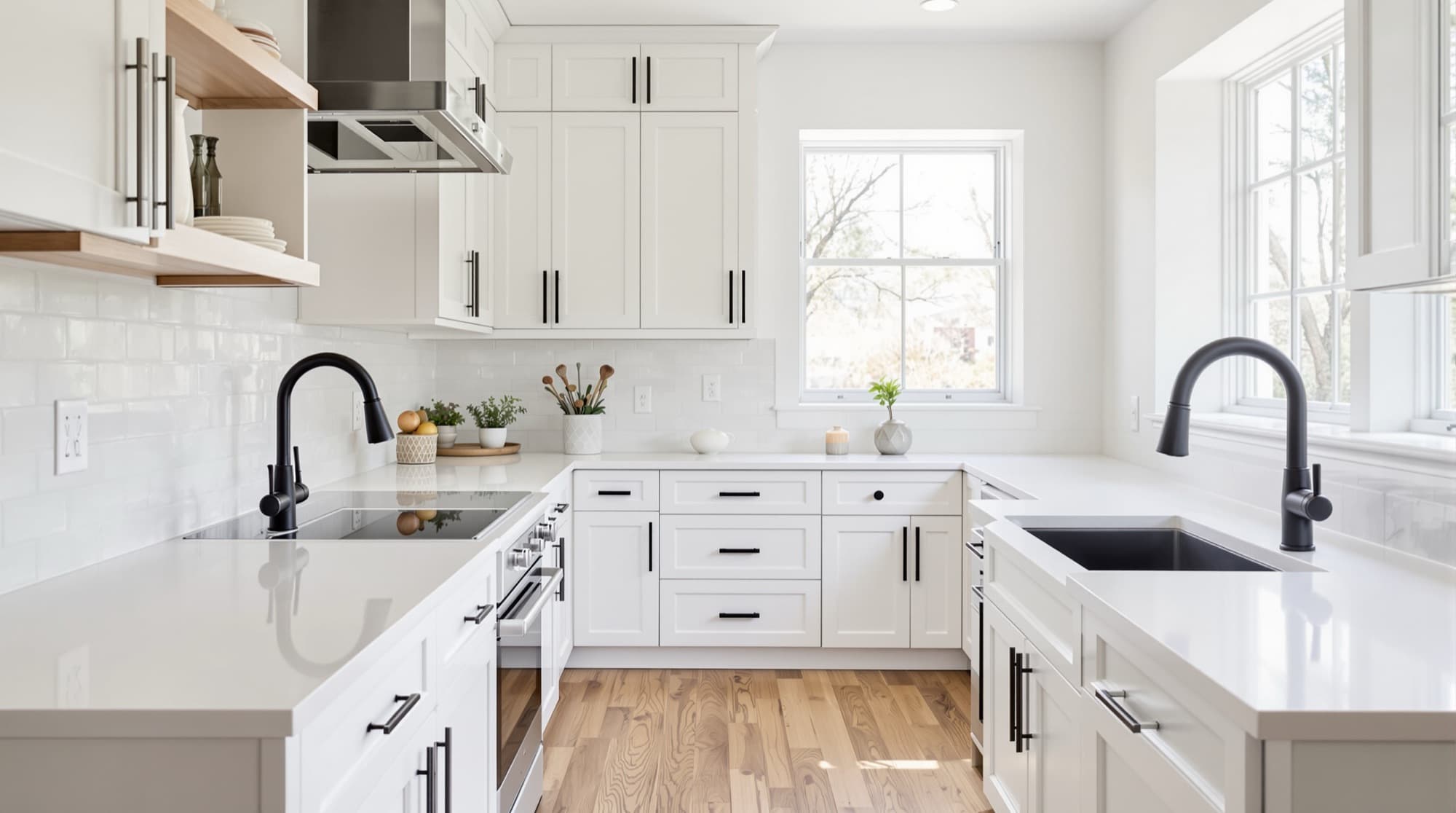 Finished residential kitchen remodel with white shaker cabinetry, quartz counters and white oak flooring