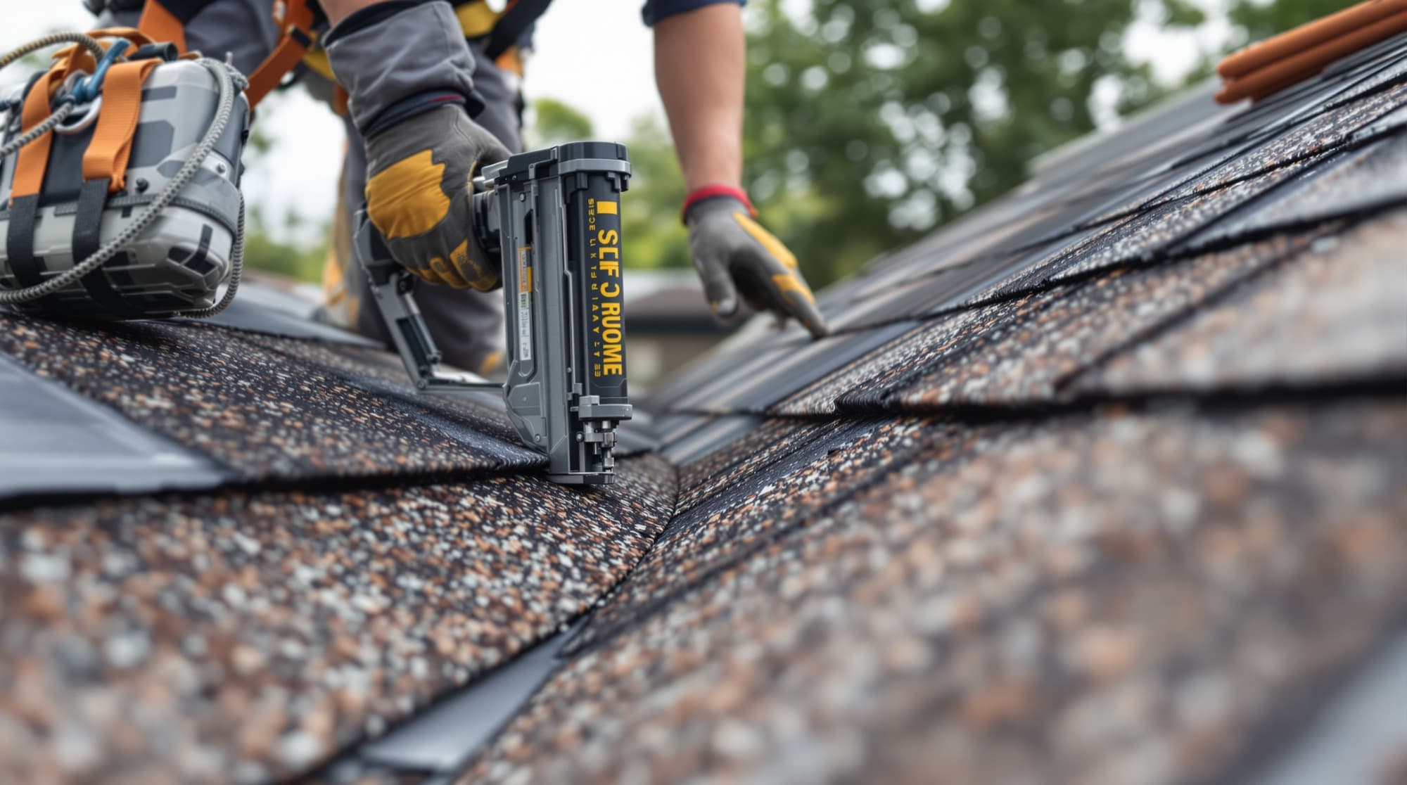 Roofing crew installing architectural asphalt shingles over new synthetic underlayment on a residential roof