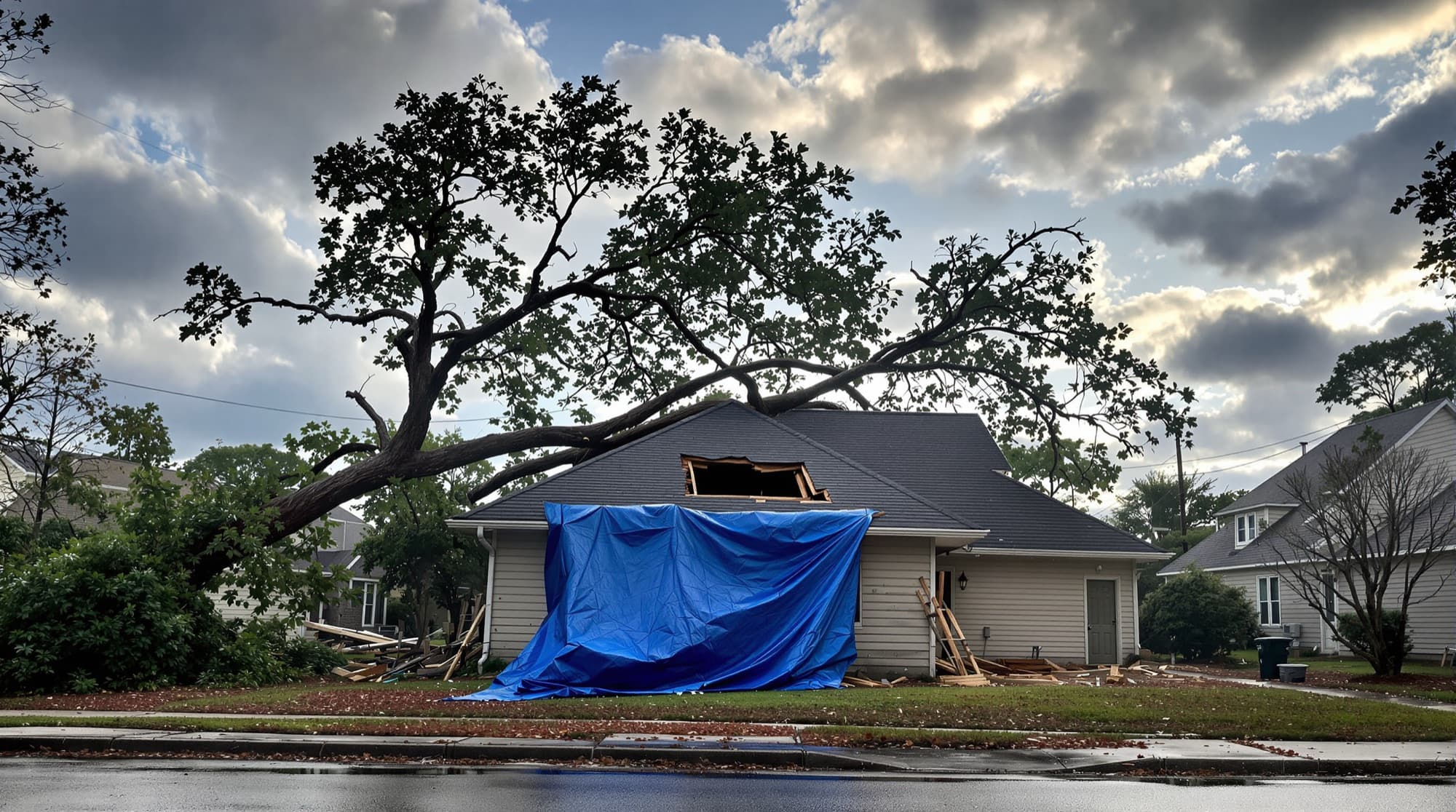 Storm damaged residential roof with an emergency tarp secured over the opening after a severe storm
