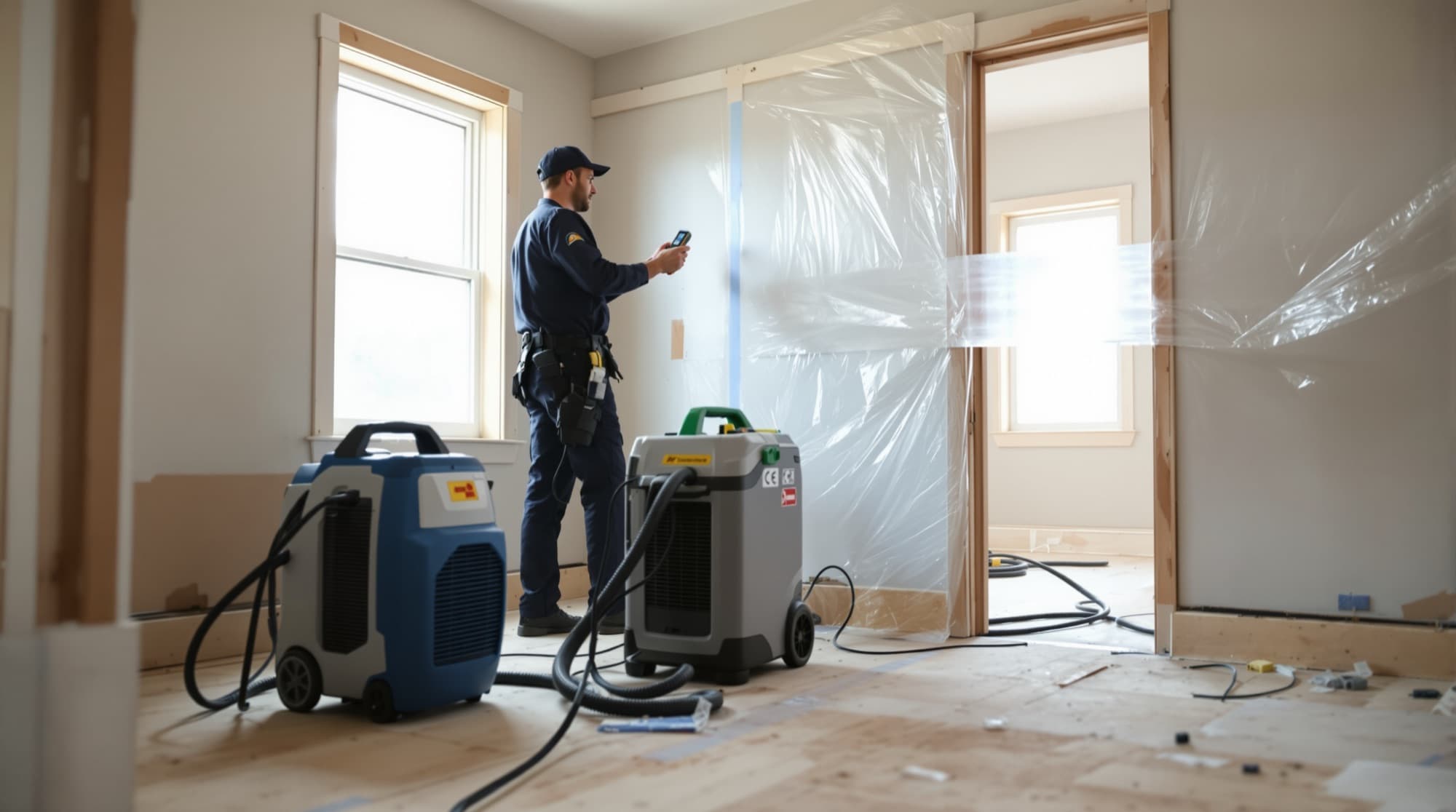 Restoration technician reading a moisture meter beside commercial air movers in a home undergoing structural drying